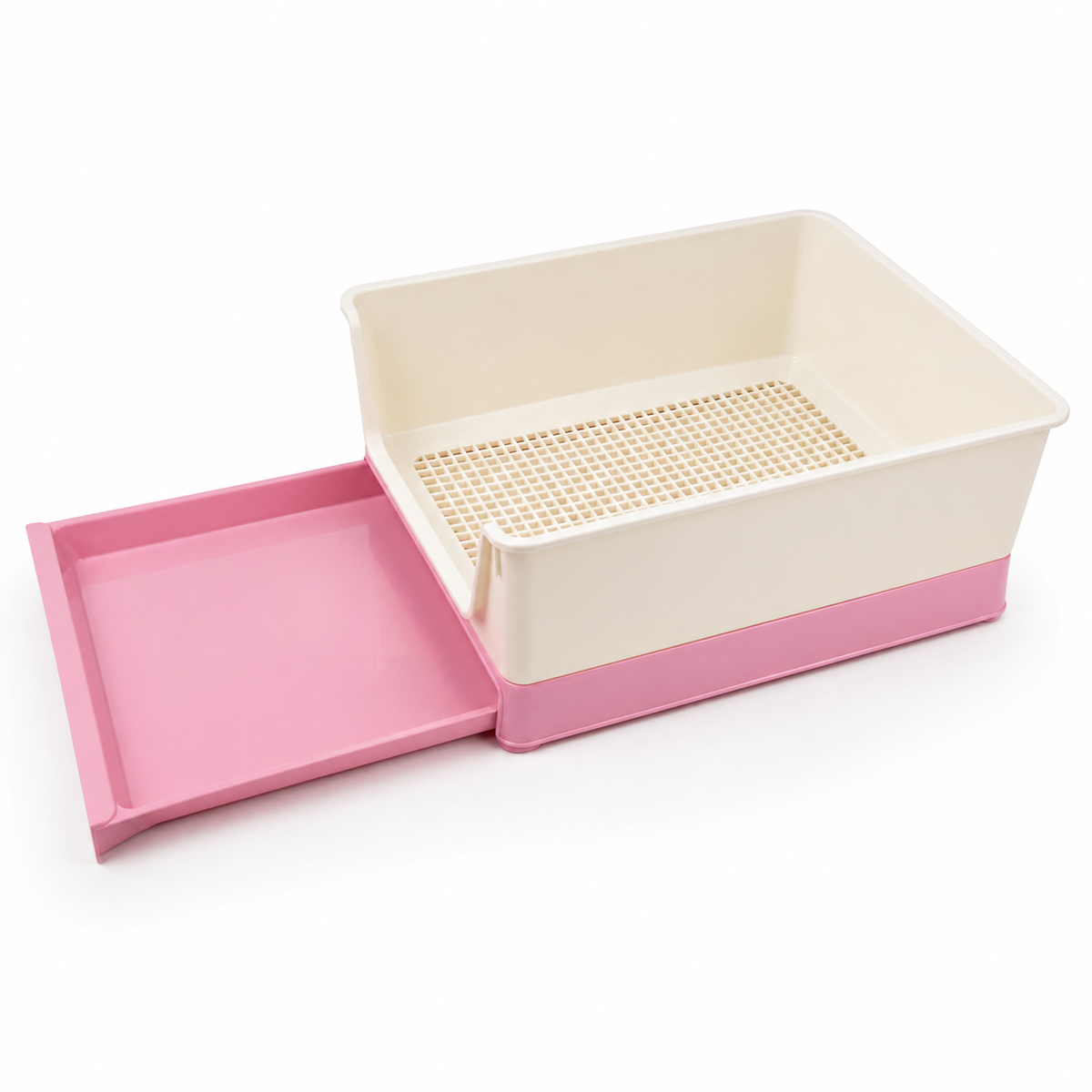 LuckyBunny litter box with the pullout drawer extended